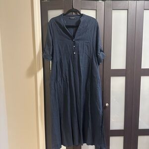 Made in Italy linen blend Women's Long Sleeve Blue Dress Francesca Bettini Navy